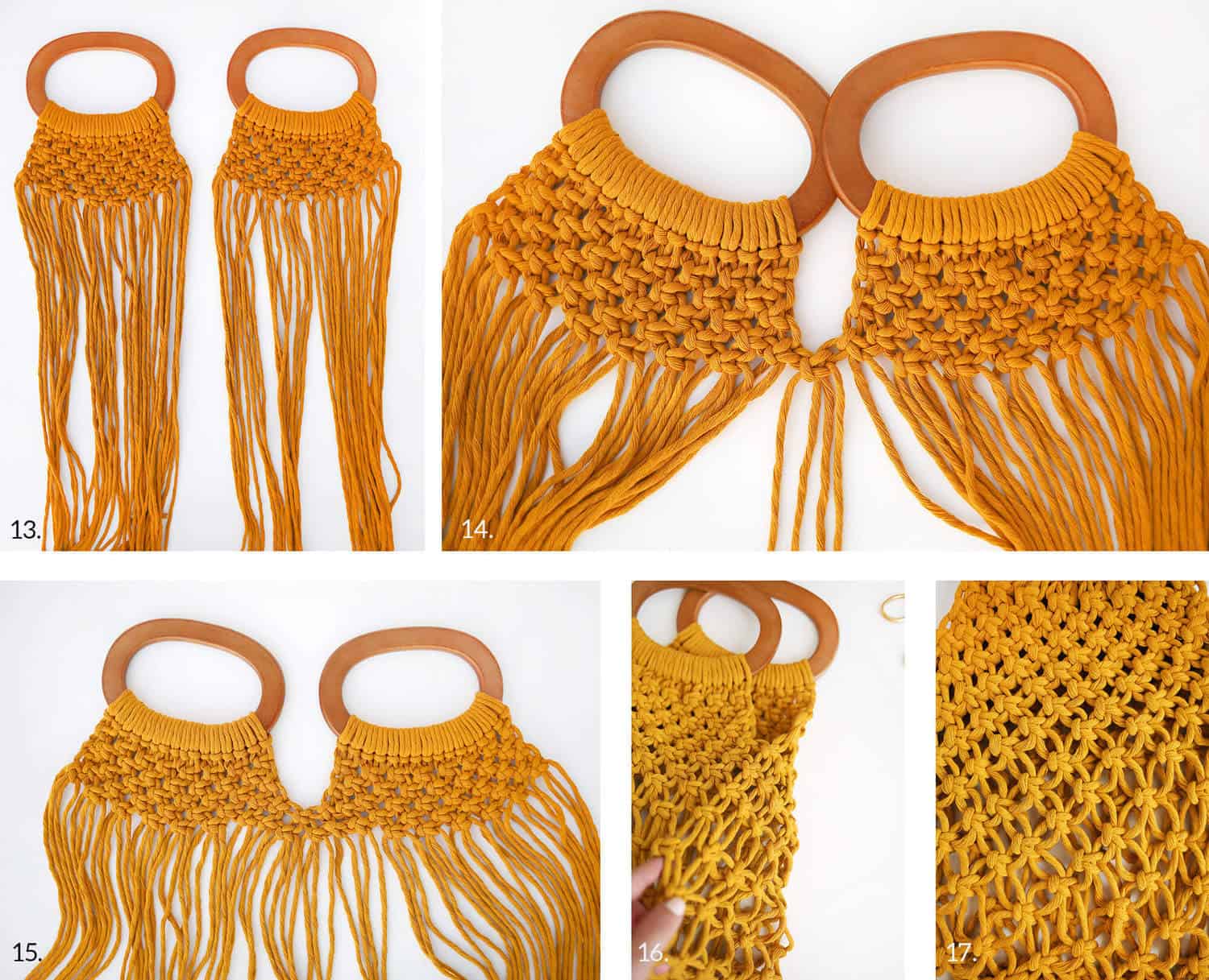 photo 13 - 2 wooden round shaped handles with yellow cotton cord tied to them, photo 14 - 2 wooden round shaped handles with yellow cotton cord being tied to each other, photo 15 - 2 wooden round shaped handles with yellow cotton cord being tied to each other, photo 16 - 2 wooden round shaped handles with yellow cotton cord tied together, and photo 17 - close up of yellow cotton cord tied together