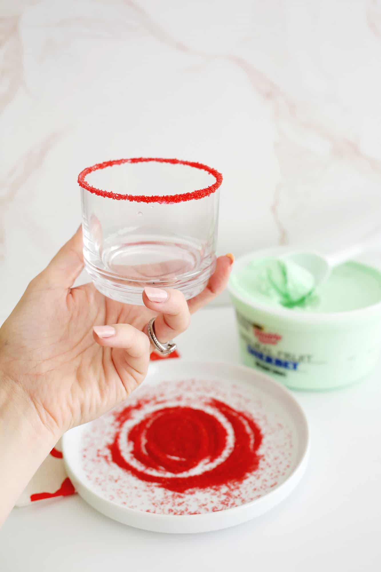 Red sugar rim on glass for Green grinch christmas punch