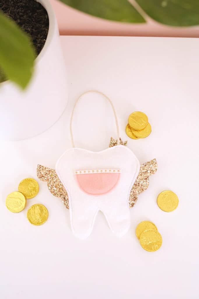 tooth fairy pillow surrounded by chocolate gold coins